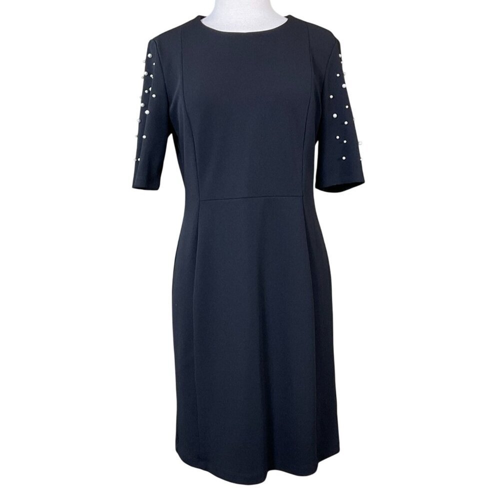 Black Ronni Nicole Pearl Accent Sleeve Sheath Dress Back Zip Closure Size 10